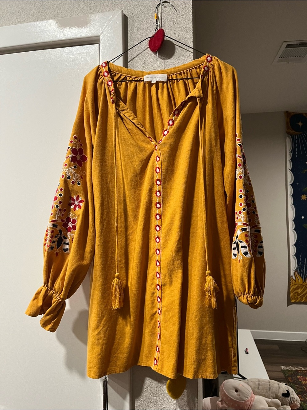 Free the Roses Mustard Embroidered Long-Sleeve Boho Dress